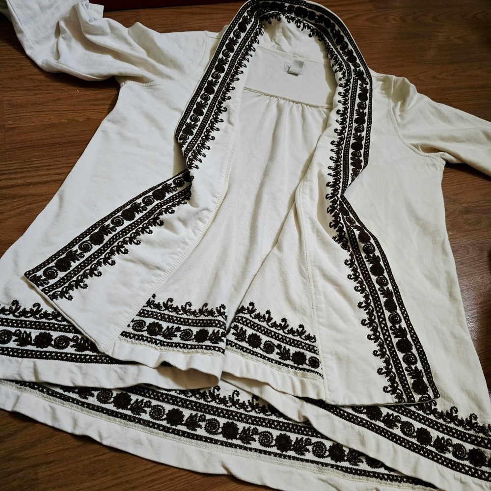 Lucky Brand Women Sz‎ Medium Open Front Knit Cardigan Cotton Boho Embroider Fall